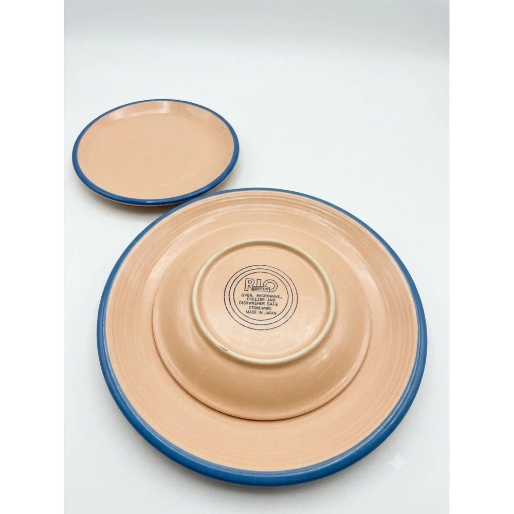 Vintage Rio Century Stoneware 3 Piece Plate Set Peach Blush Blue Rim Japan
